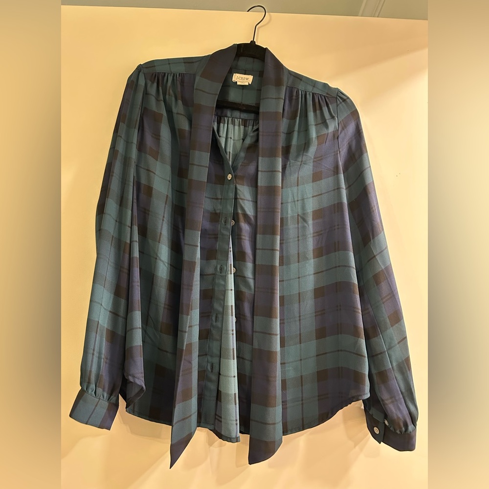 J. Crew Teal and Navy Plaid Blouse - Picture 2 of 3